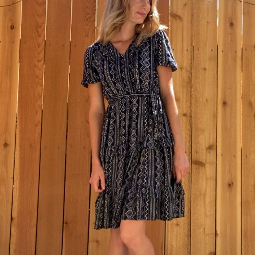 Geometric Navy Blue, White & Gold Mid Length Flowy Ruffle Dress